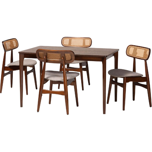 Tarana 5 Piece Dining Set in Grey Fabric, Walnut Finish Wood & Rattan