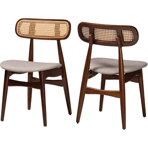 Tarana Dining Chair in Grey Fabric, Walnut Finish Wood & Rattan (Set of 2)