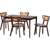 Dannell 5 Piece Dining Set in Grey Fabric, Walnut Finish Wood & Rattan