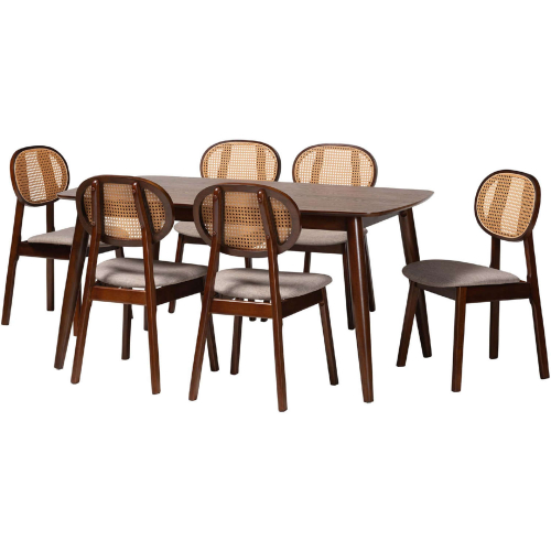 Darrion 7 Piece Dining Set in Grey Fabric, Walnut Finish Wood & Rattan