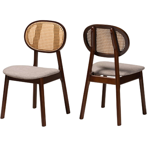 Darrion Dining Chair in Grey Fabric, Walnut Finish Wood & Rattan (Set of 2)