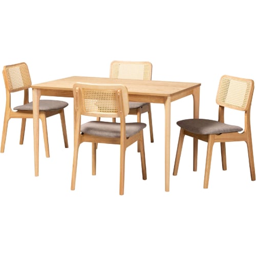 Dannon 5 Piece Dining Set in Grey Fabric, Oak Finish Wood & Rattan