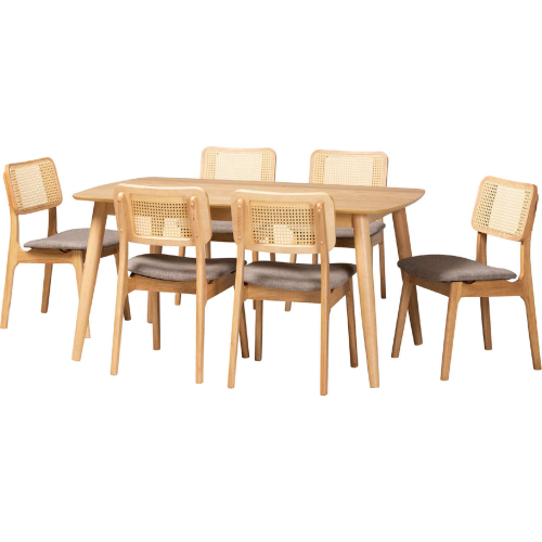 Dannon 7 Piece Dining Set in Grey Fabric, Oak Finish Wood & Rattan