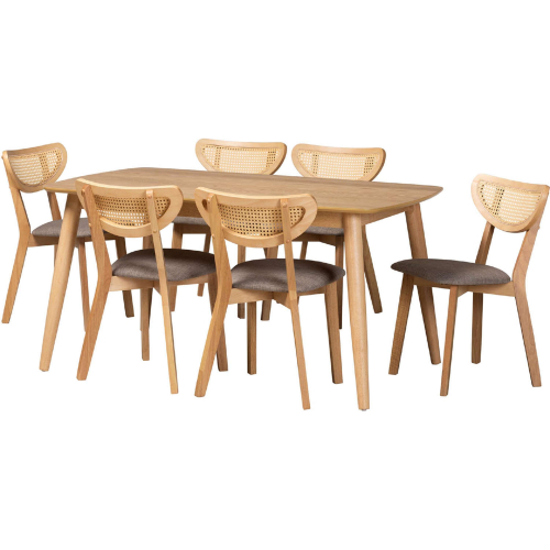 Dannell 7 Piece Dining Set in Grey Fabric, Oak Finish Wood & Rattan