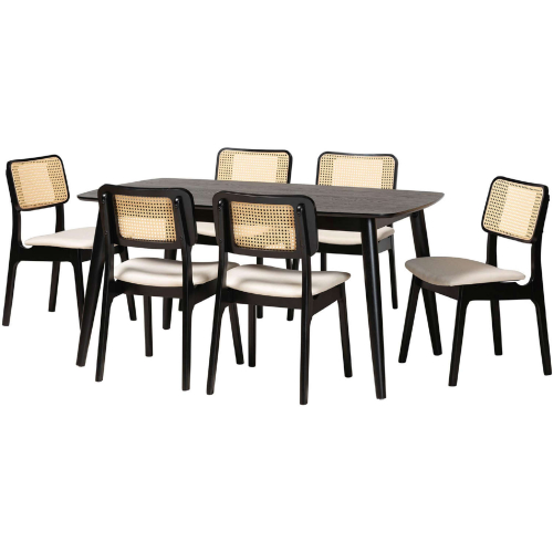 Dannon 7 Piece Dining Set in Cream Fabric, Black Wood & PE Rattan