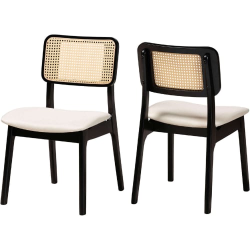 Dannon Dining Chair in Cream Fabric, Black Wood & PE Rattan (Set of 2)