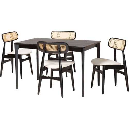 Tarana 5 Piece Dining Set in Cream Fabric, Black Wood & PE Rattan