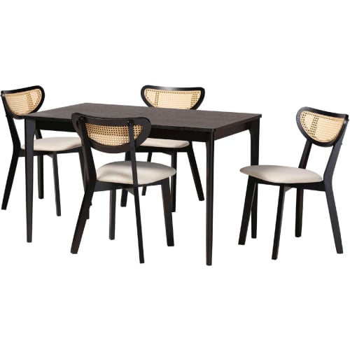 Dannell 5 Piece Dining Set in Cream Fabric, Black Wood & PE Rattan