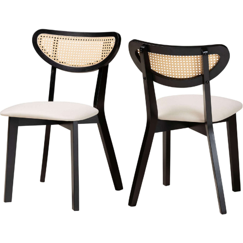 Dannell Dining Chair in Cream Fabric, Black Wood & PE Rattan (Set of 2)