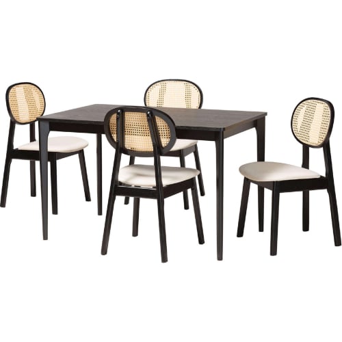 Darrion 5 Piece Dining Set in Cream Fabric, Black Wood & PE Rattan