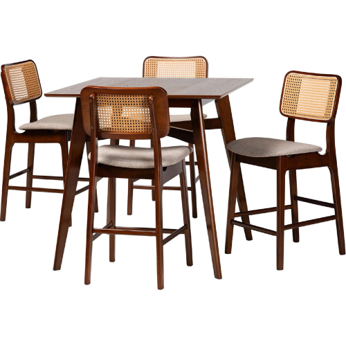 Dannon 5 Piece Pub Dining Set in Grey Fabric, Walnut Finish Wood & Rattan