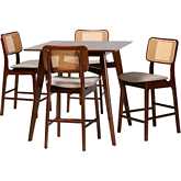 Dannon 5 Piece Pub Dining Set in Grey Fabric, Walnut Finish Wood & Rattan