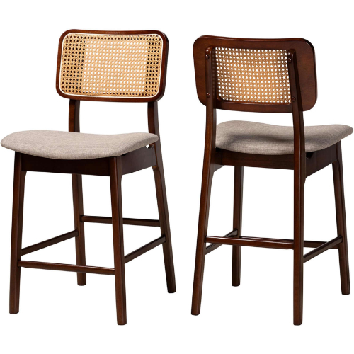 Dannon Counter Stool in Grey Fabric, Walnut Finish Wood & Rattan (Set of 2)