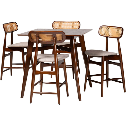 Tarana 5 Piece Pub Dining Set in Grey Fabric, Walnut Finish Wood & Rattan