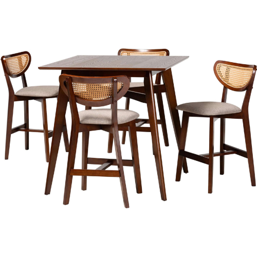 Dannell 5 Piece Pub Dining Set in Grey Fabric, Walnut Finish Wood & Rattan