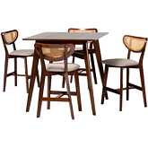 Dannell 5 Piece Pub Dining Set in Grey Fabric, Walnut Finish Wood & Rattan