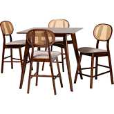 Darrion 5 Piece Pub Dining Set in Grey Fabric, Walnut Finish Wood & Rattan