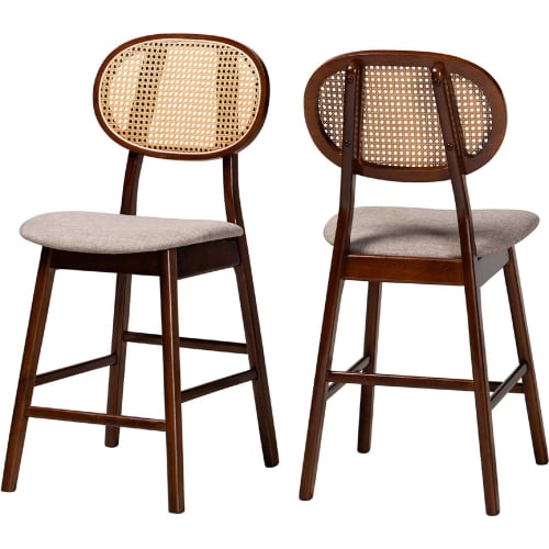 Darrion Counter Stool in Grey Fabric, Walnut Finish Wood & Rattan (Set of 2)