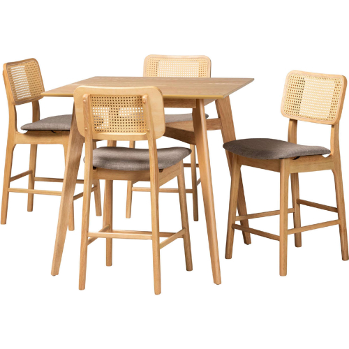 Dannon 5 Piece Pub Dining Set in Grey Fabric, Oak Finish Wood & Rattan