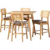 Dannon 5 Piece Pub Dining Set in Grey Fabric, Oak Finish Wood & Rattan