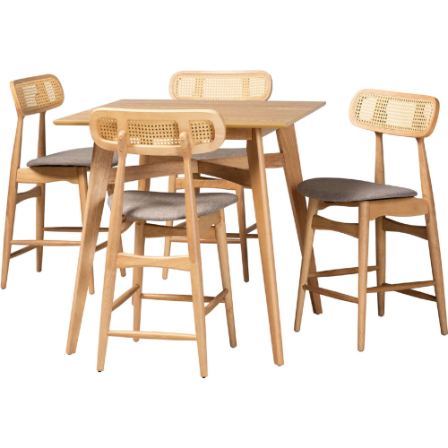 Tarana 5 Piece Pub Dining Set in Grey Fabric, Oak Finish Wood & Rattan