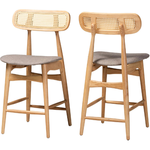 Tarana Counter Stool in Grey Fabric, Oak Finish Wood & Rattan (Set of 2)