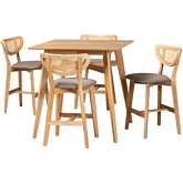 Dannell 5 Piece Pub Dining Set in Grey Fabric, Oak Finish Wood & Rattan