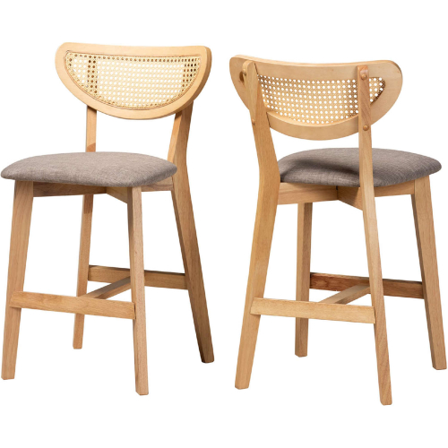 Dannell Counter Stool in Grey Fabric, Oak Finish Wood & Rattan (Set of 2)