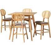 Darrion 5 Piece Pub Dining Set in Grey Fabric, Oak Finish Wood & Rattan