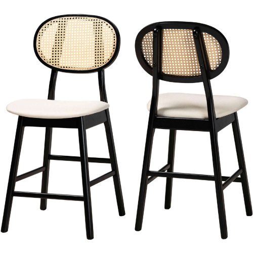 Darrion Counter Stool in Cream Fabric, Black Wood & PE Rattan (Set of 2)