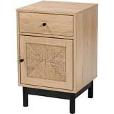 Cherelle 1 Drawer End Table in Light Wood, Rattan & Black