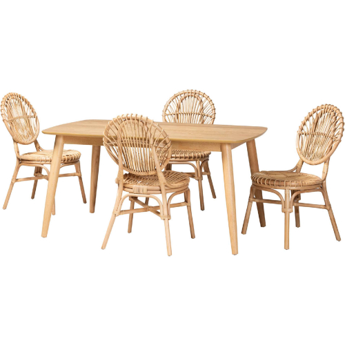 Iris 5 Piece Dining Set in Natural Brown Rattan & Wood