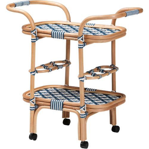 Chasca Wine Cart in Blue & White Weaving & Natural Rattan