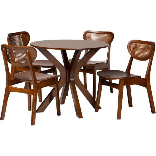 Giuliana 5 Piece Dining Set in Walnut Brown Finish Wood & Woven Rattan