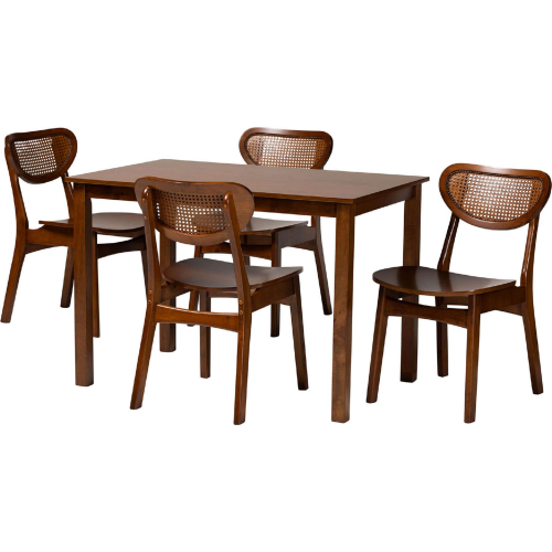 Jeriah 5 Piece Dining Set in Walnut Brown Finish Wood & Woven Rattan