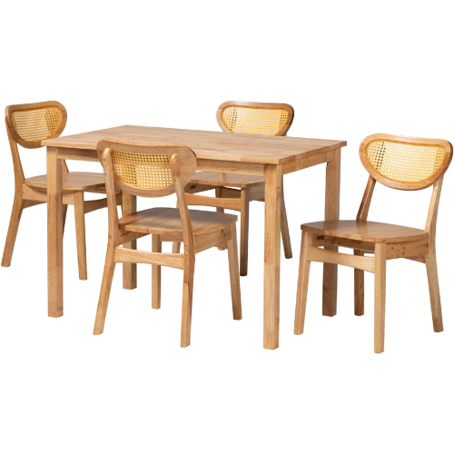 Haviland 5 Piece Dining Set in Oak Brown Finish Wood & Rattan