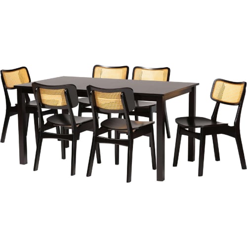 Estera 7 Piece Dining Set in Dark Brown Finish Wood & Rattan