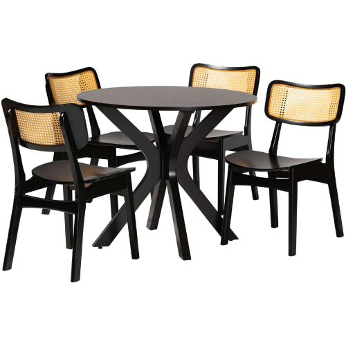 Linnet 5 Piece Dining Set in Dark Brown Finish Wood & Rattan