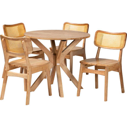 Camilo 5 Piece Dining Set in Oak Brown Finish Wood & Rattan