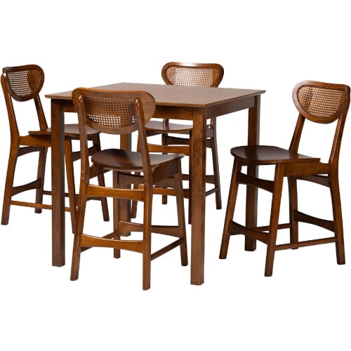 Hesper 5 Piece Pub Dining Set in Walnut Brown Finish Wood & Rattan