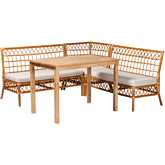 Aina 4 Piece Dining Nook Set in Honey Rattan, Wood & White Fabric