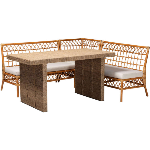 Abella 4 Piece Dining Nook Set in Seagrass, Honey Rattan & White Fabric