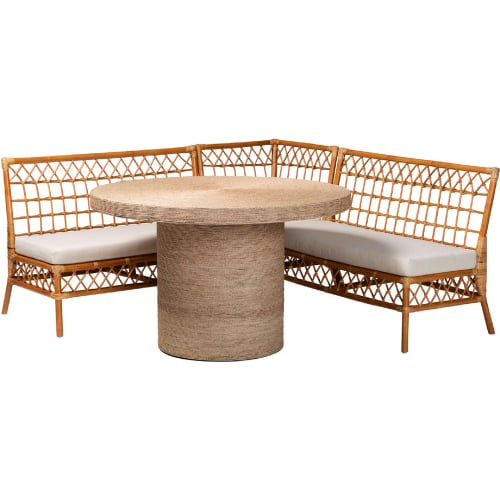 Adalina 4 Piece Dining Nook Set in Seagrass, Honey Rattan & White Fabric