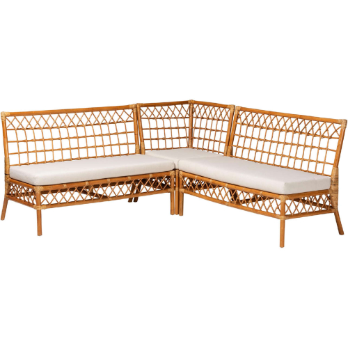 Capella 3 Piece Dining Nook Banquette Set in Honey Rattan & White Fabric