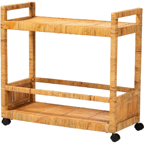 Genet 2 Tier Kitchen Cart in Natural Brown Rattan & Teak Wood