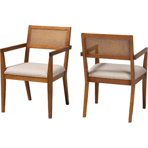 Emilia Arm Chair Set in Walnut Finish, Rattan & Beige Fabric (Set of 2)