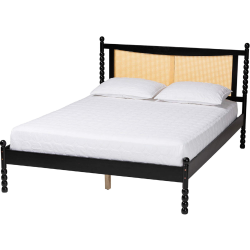 Okena Queen Platform in Bed Black Wood & Woven Rattan