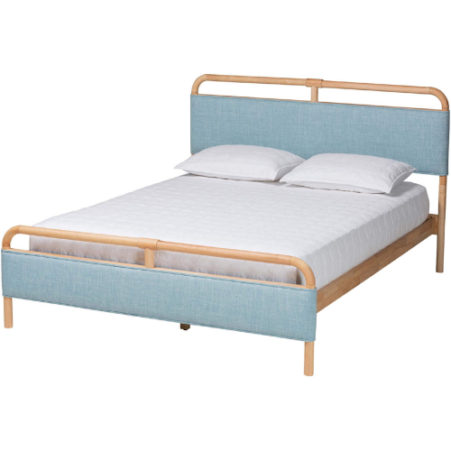 Mateo Queen Platform Bed in Baby Blue Fabric & Natural Finish Wood