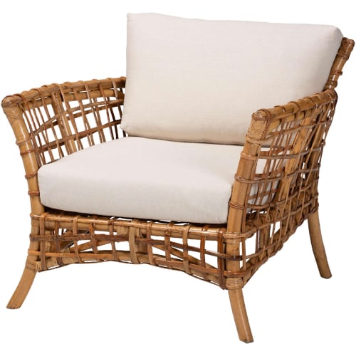 Babette Arm Chair in Natural Brown Rattan & White Fabric