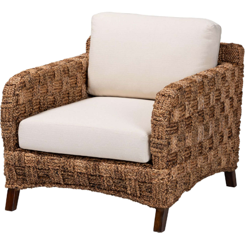 Vevina Arm Chair in Woven Seagrass, Dark Mahogany Wood & White Fabric